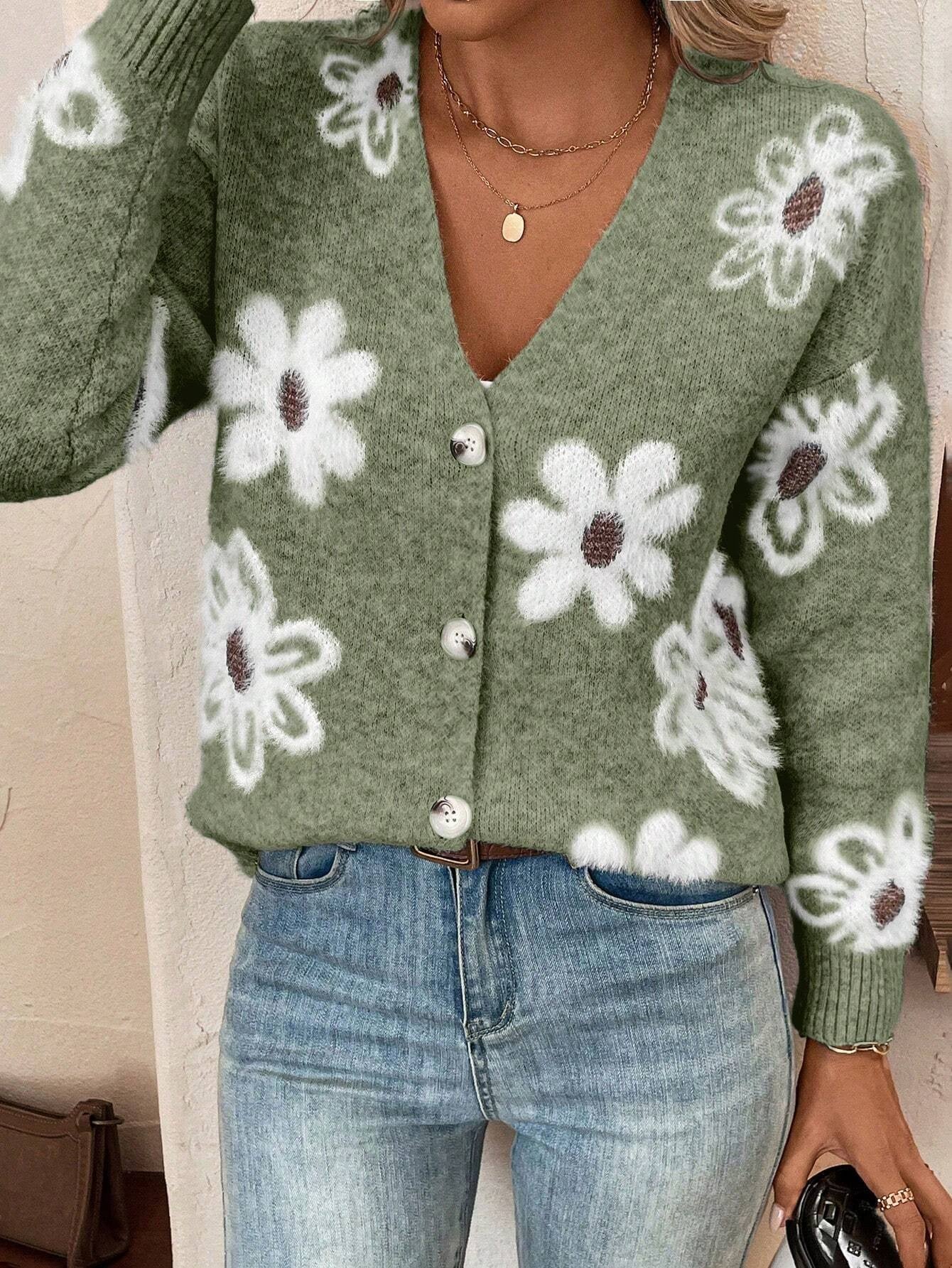 Floral Knit V neck Cardigan with Long Sleeve