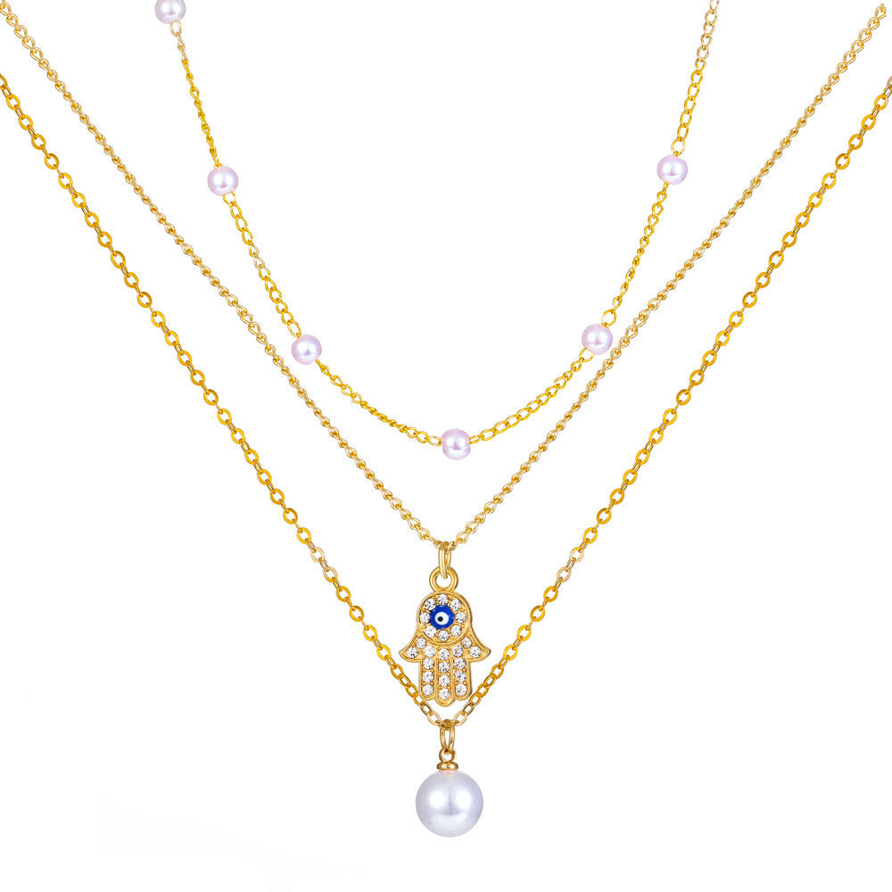Fashion Multi-layer Pearl Necklace Cross