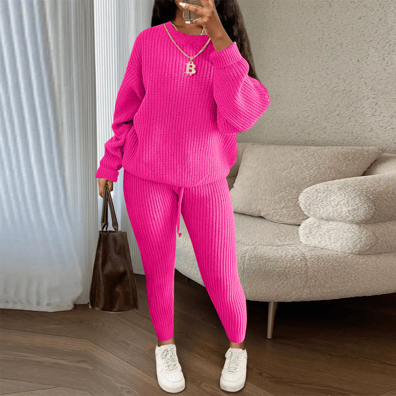 Soft and Cozy  Ribbed Knit 2-piece set Suits with Loose Pullover Sweater Top and Drawstring Pants