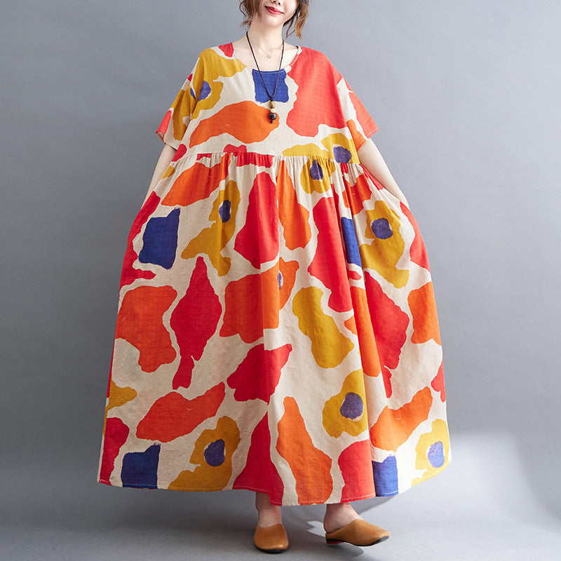 Orange Flower  Linen Dress  One Size