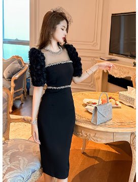 Black&White Round Neck Beaded  Slim Fit Long Dress
