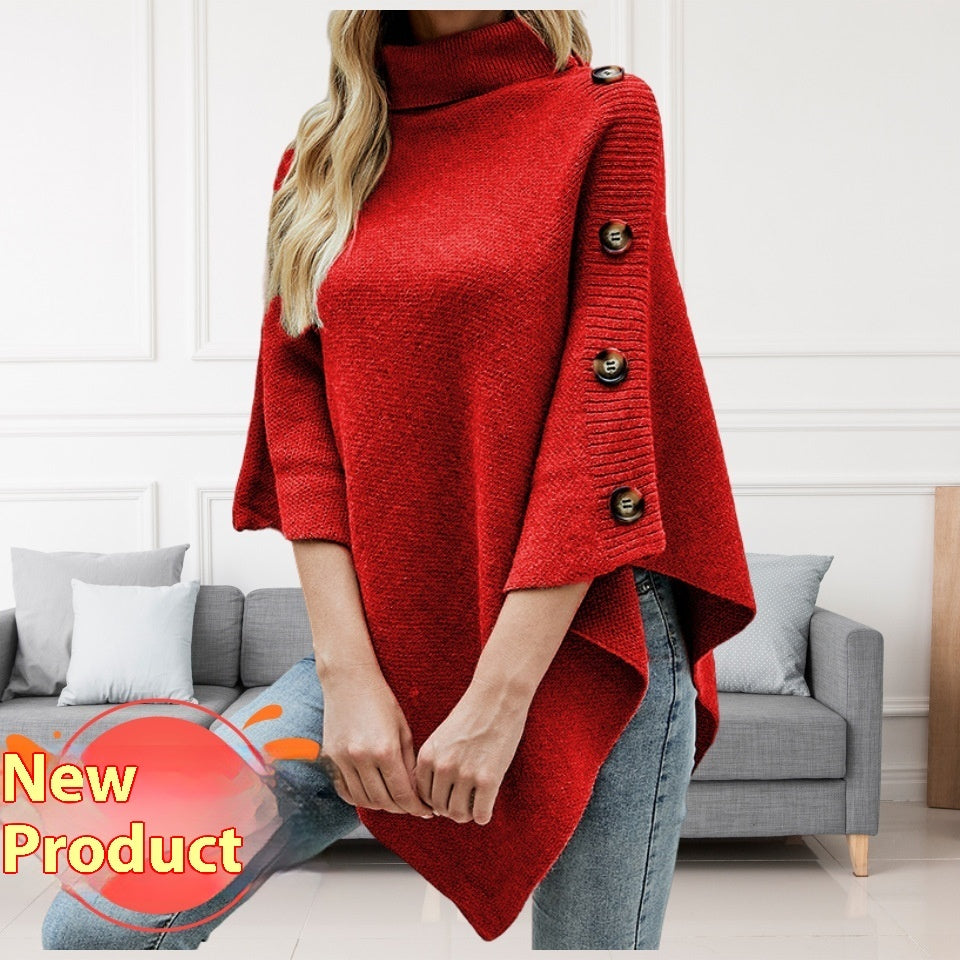 Cozy Charm Solid Color Turtleneck Shawl Cape Slit Knit Sweater