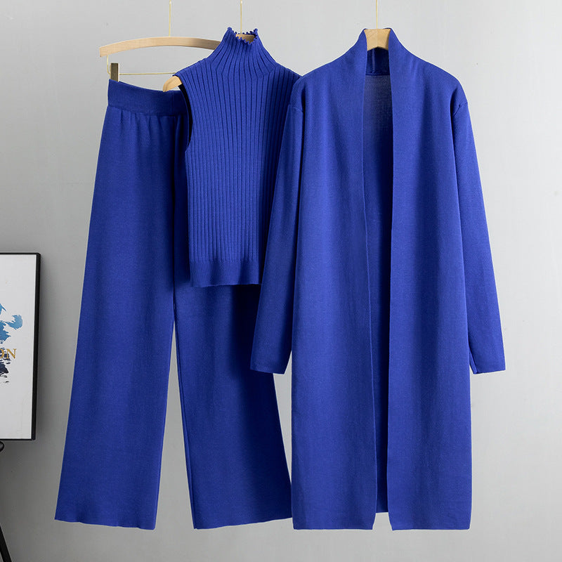 Three-piece Set Knitting  Suits  with Vest Sweater, Long Cardigan & Wide-leg Pants Three-piece Set