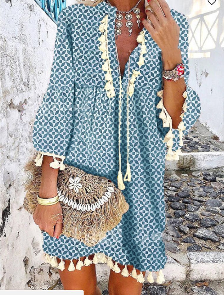 Sweet Hippie Style Tassel Ruffled V-Neck Dress