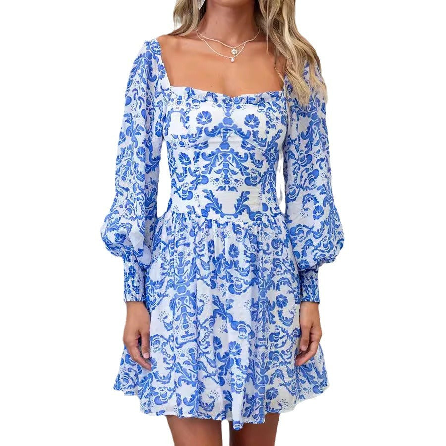 Italian Print Blue Square Mini Dress with  Long Sleeves