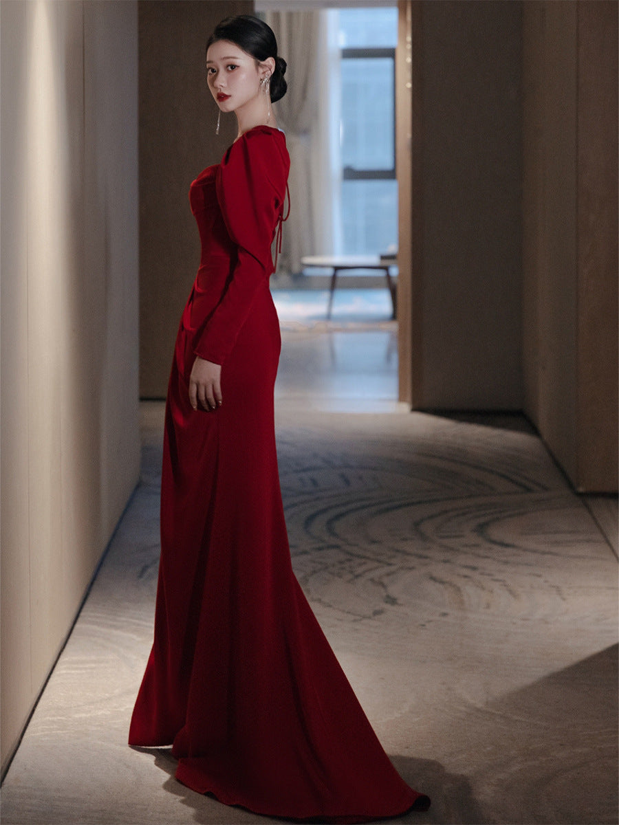 Wine Red Satin Evening Dress  with Long Sleeve