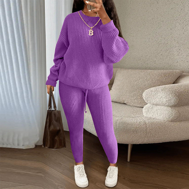 Soft and Cozy  Ribbed Knit 2-piece set Suits with Loose Pullover Sweater Top and Drawstring Pants
