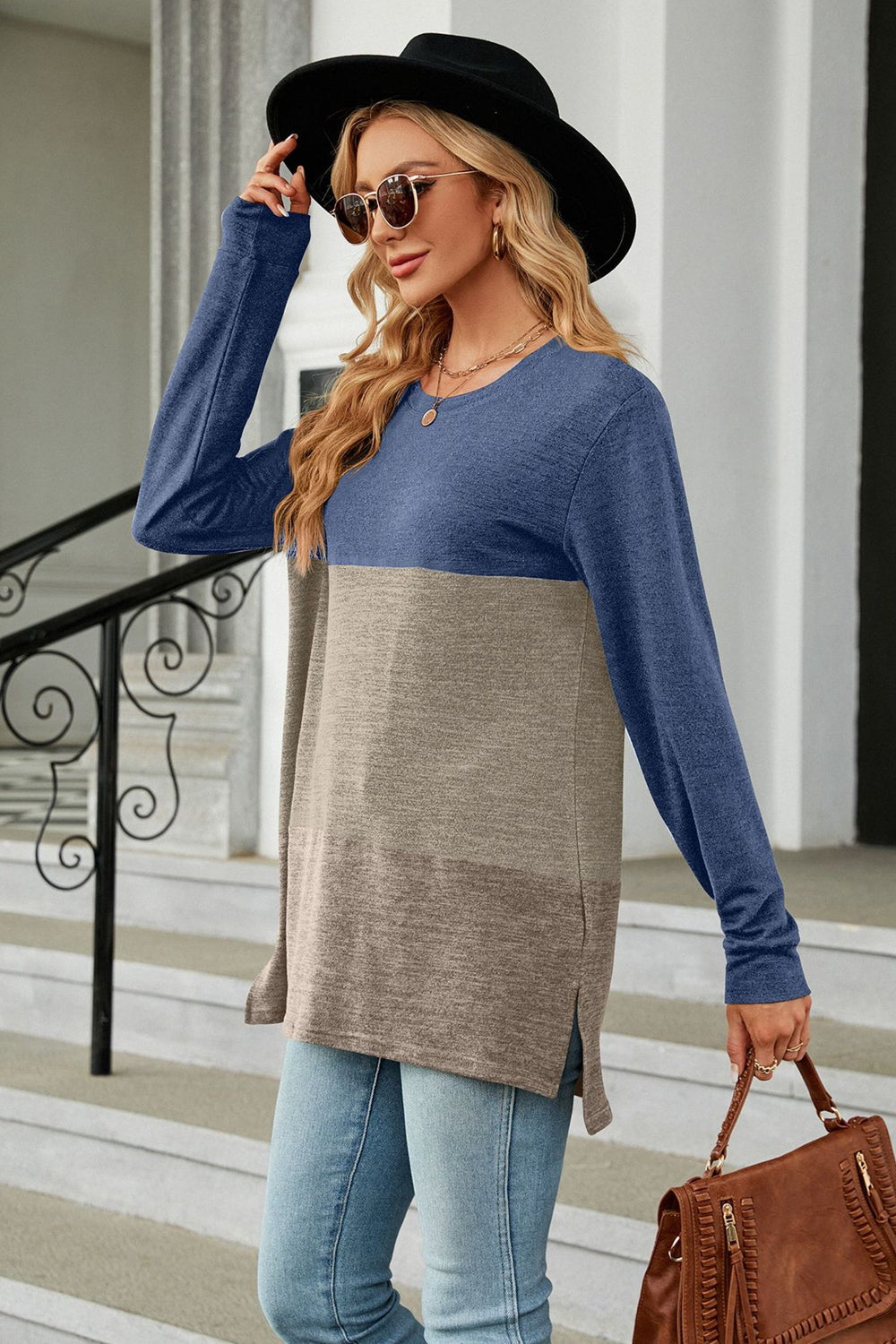 Vibrant Urban  Color Block Round Neck Long Sleeve Top