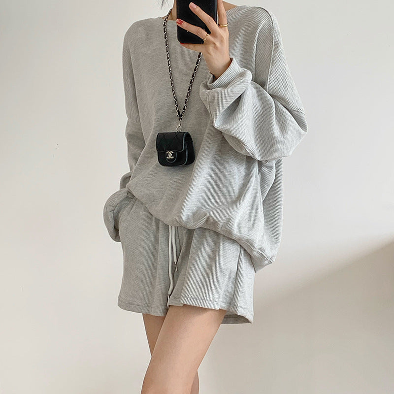 Long Sleeve Waffle Pullover Sweatshirt - 2 Piece Set