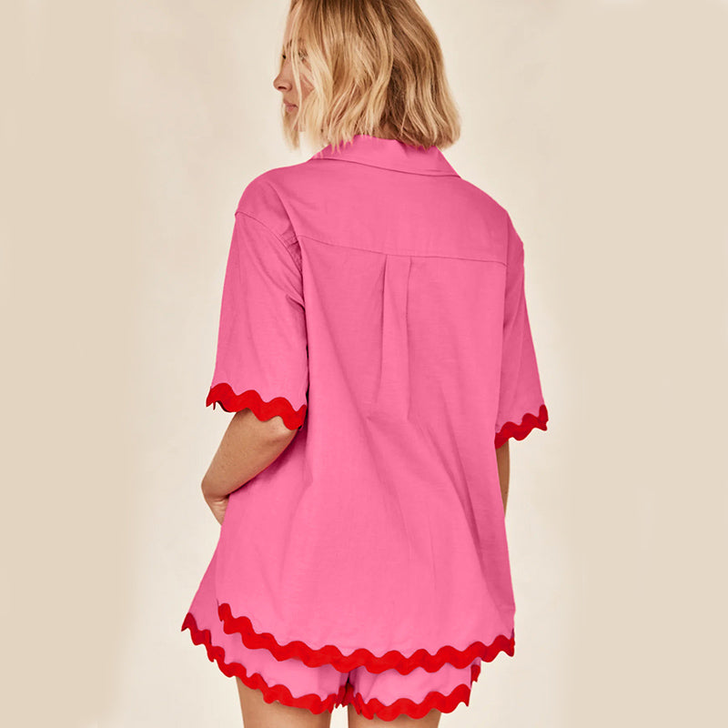 Short-sleeved Wave Print V-neck Shirt And Shorts