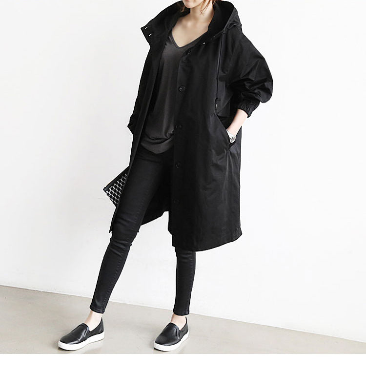Trench Hooded Coat l Loose Button  with Pockets and  Hooded