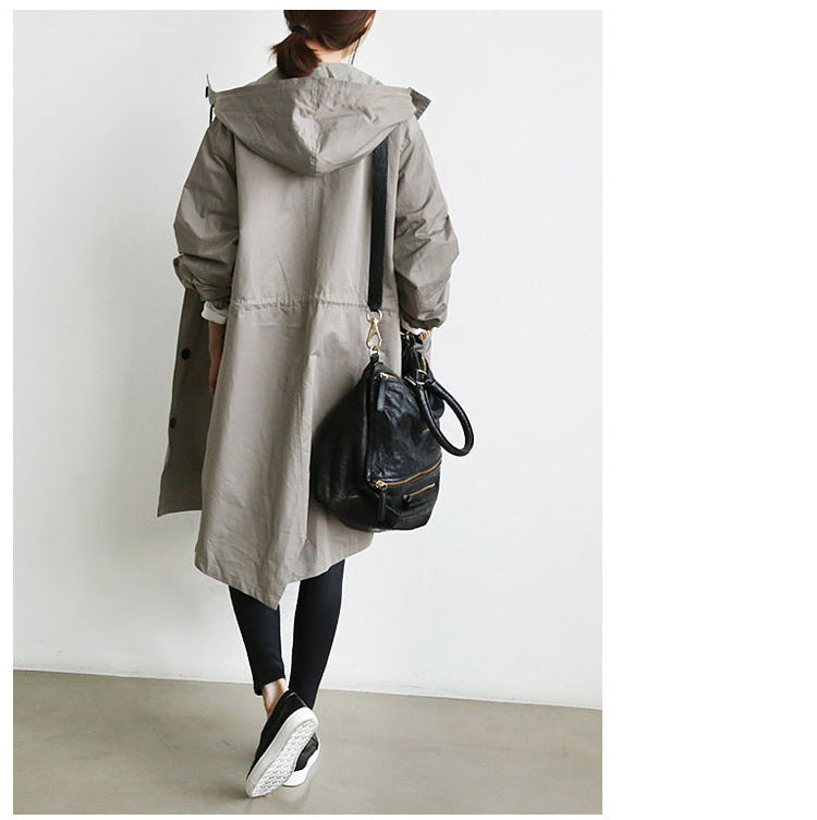 Trench Hooded Coat l Loose Button  with Pockets and  Hooded