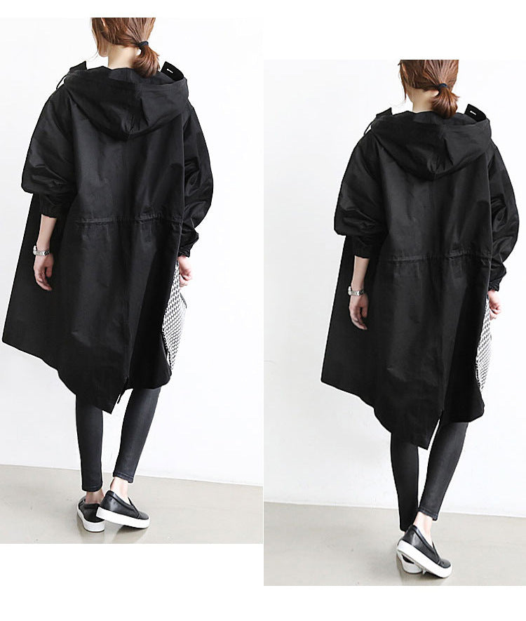 Trench Hooded Coat l Loose Button  with Pockets and  Hooded