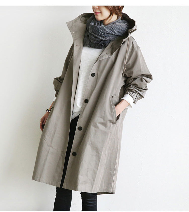 Trench Hooded Coat l Loose Button  with Pockets and  Hooded