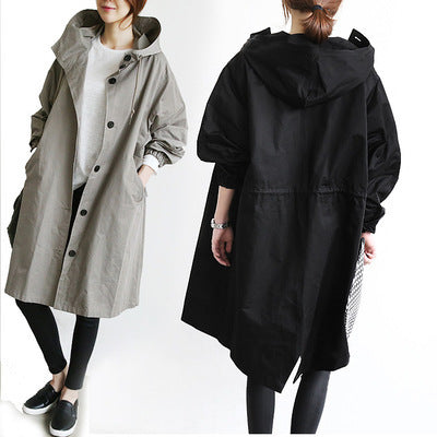 Trench Hooded Coat l Loose Button  with Pockets and  Hooded