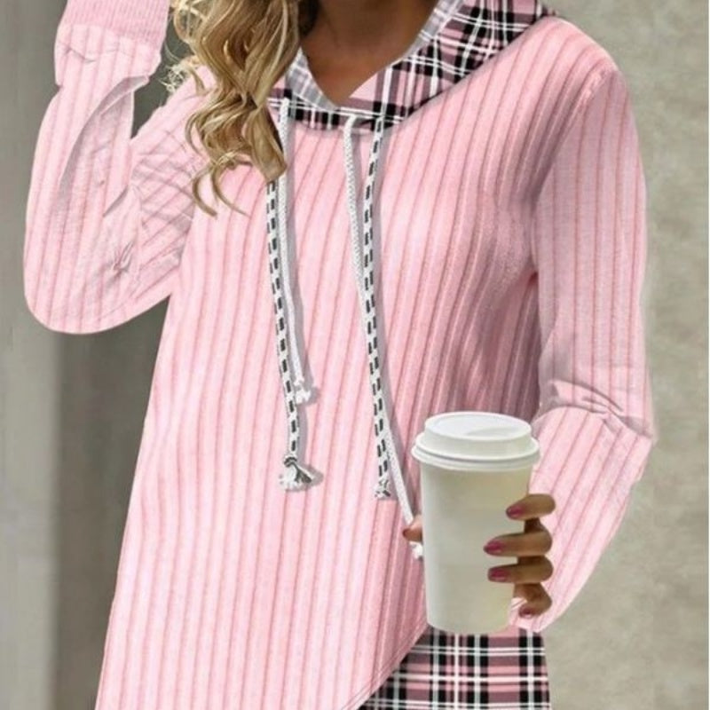 Knitted Stitching  Contrast Color Jacquard Hoodie Top with  Long Sleeve