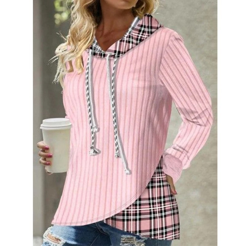 Knitted Stitching  Contrast Color Jacquard Hoodie Top with  Long Sleeve