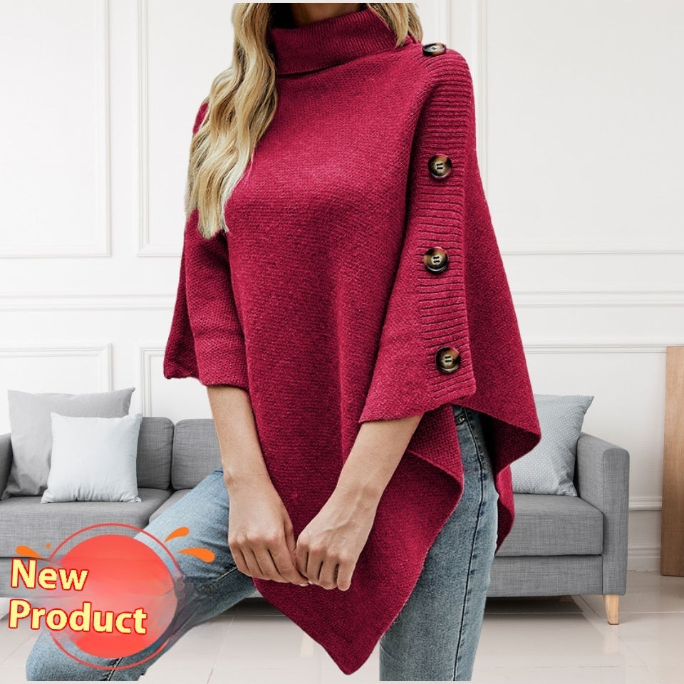 Cozy Charm Solid Color Turtleneck Shawl Cape Slit Knit Sweater