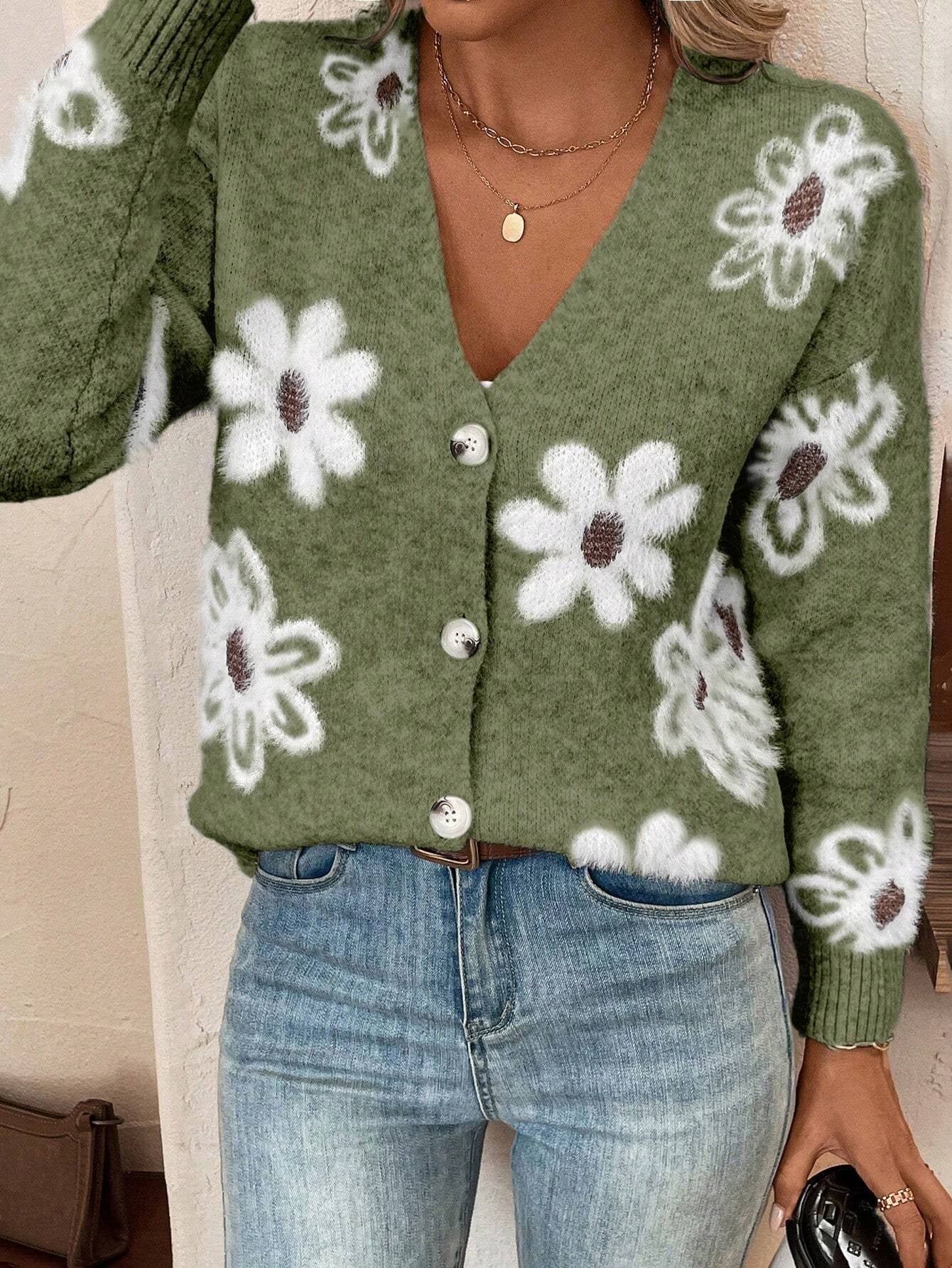 Floral Knit V neck Cardigan with Long Sleeve