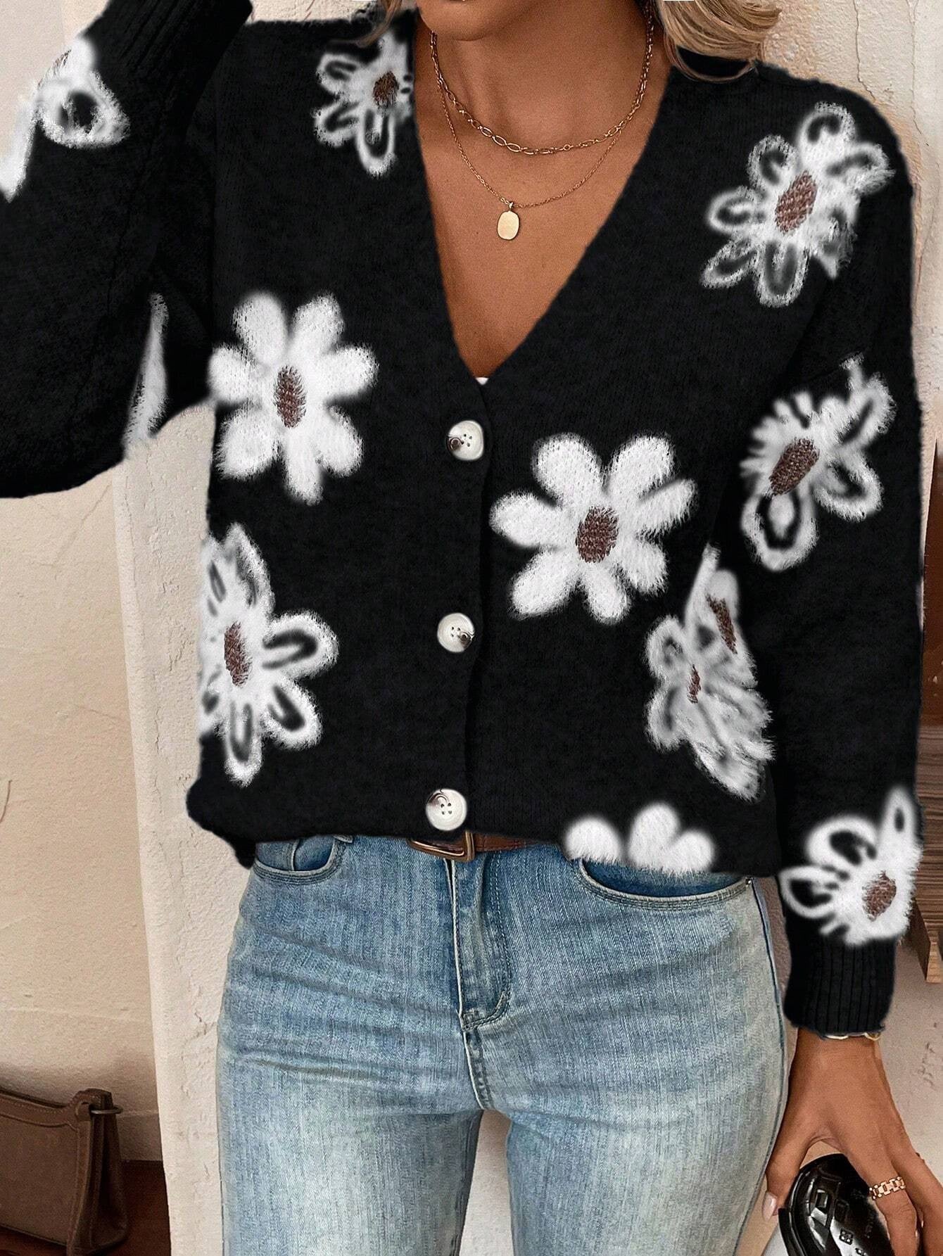 Floral Knit V neck Cardigan with Long Sleeve