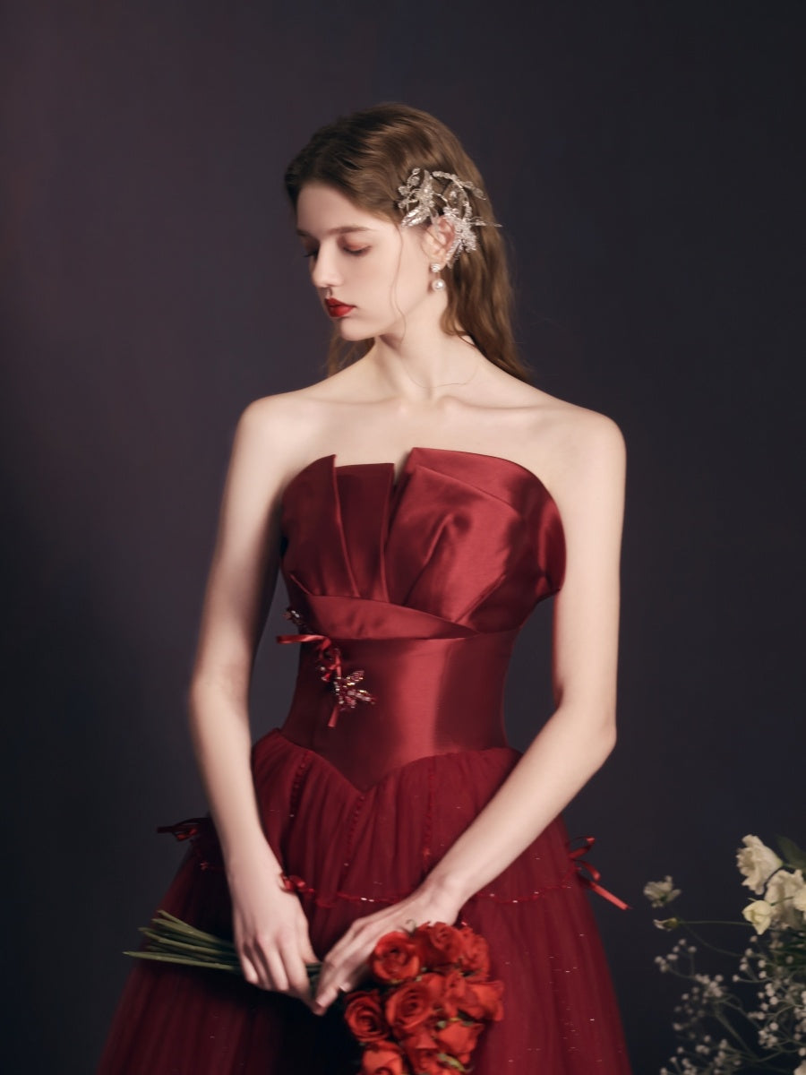Gorgeous  Red Wine Beaded Tube Top Long Dress