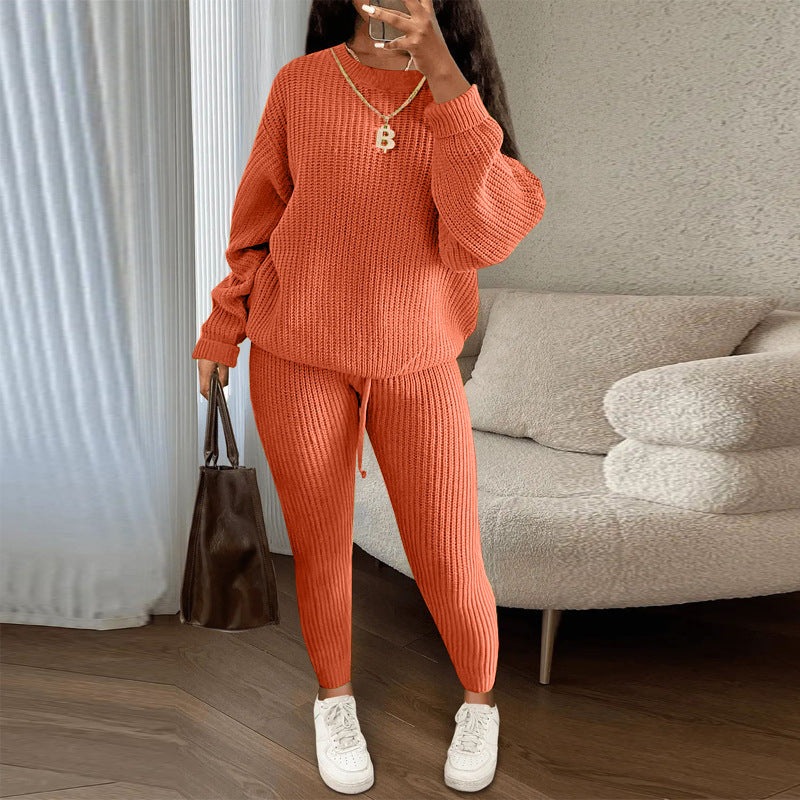 Soft and Cozy  Ribbed Knit 2-piece set Suits with Loose Pullover Sweater Top and Drawstring Pants