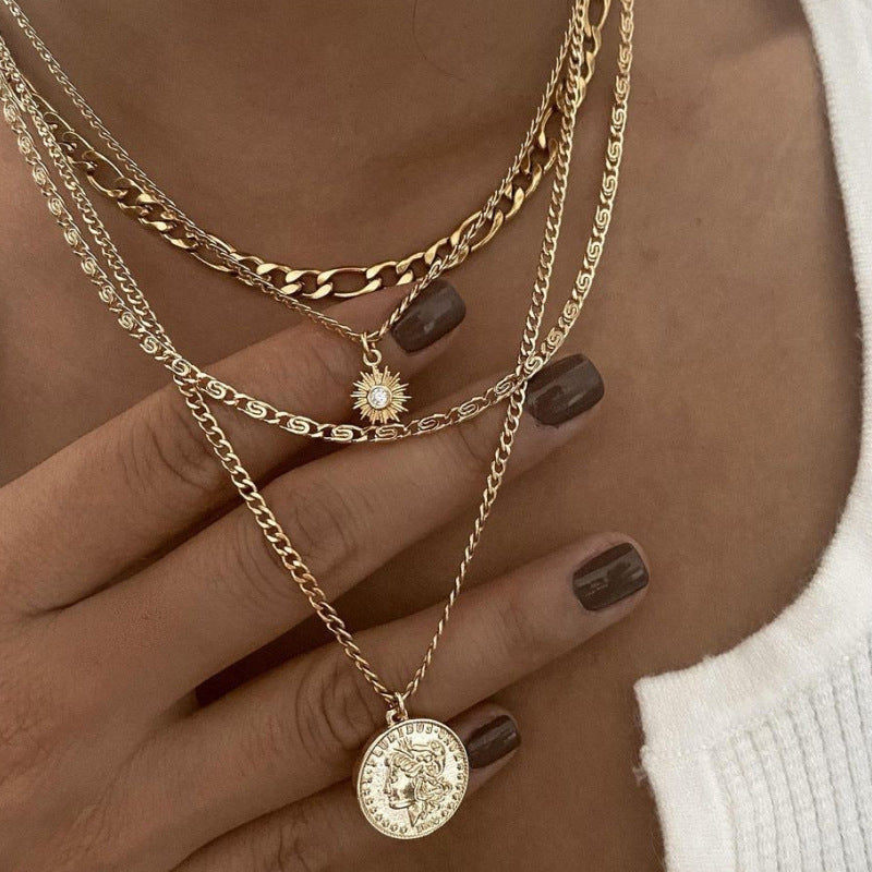 Chunky Layered  Coin Charm Necklace Layered Gold & Silver