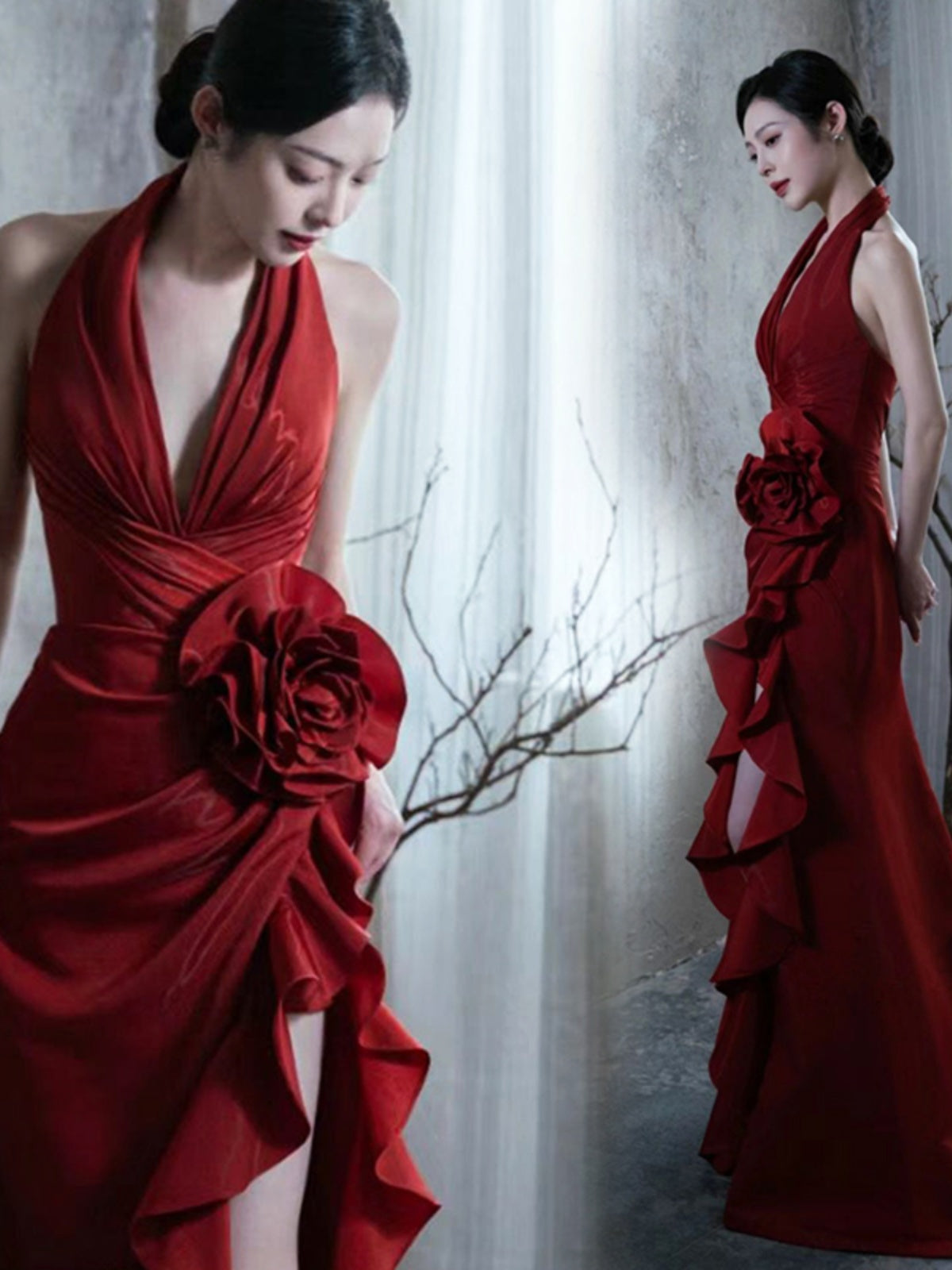 Silk Wine Red Elegant Halter  Dress