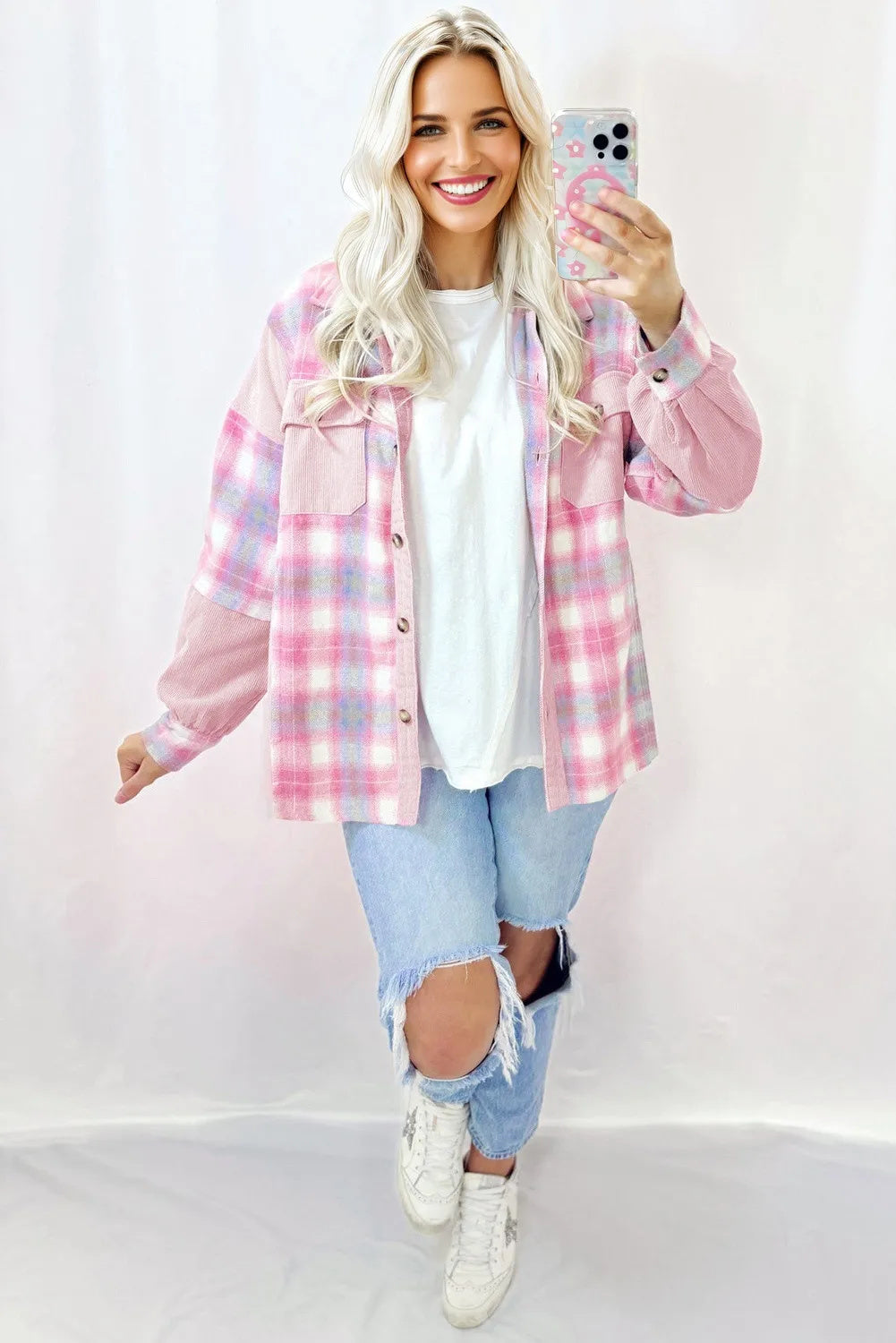 Pink Sky  Brushed Plaid Corduroy Patchwork Shacket with Flap Pockets