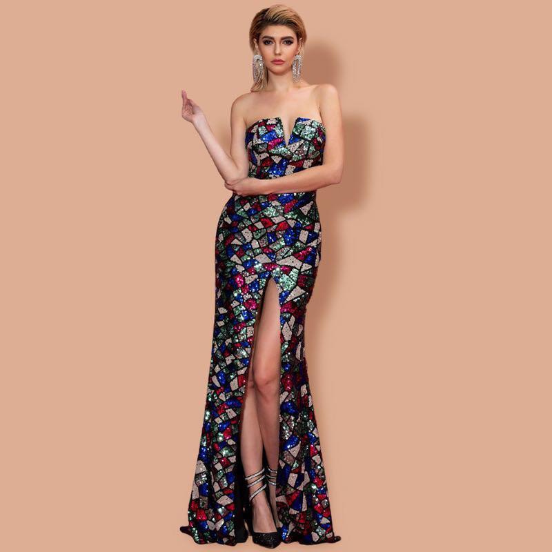 Be Fabulous Multi Color Sequin V Neck Off Shoulder Maxi Dress