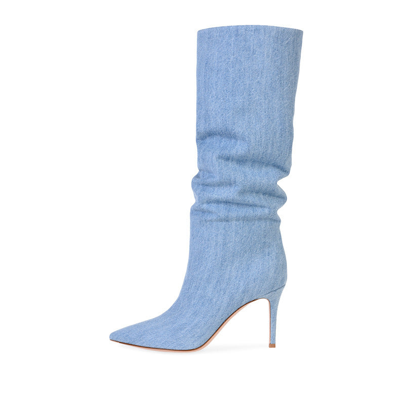 Pencil Heel Denim Knee-high Boots