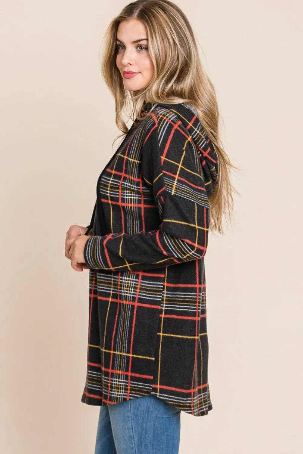 Classic Plaid Patter Drawstring  Long Sleeve Hoodie