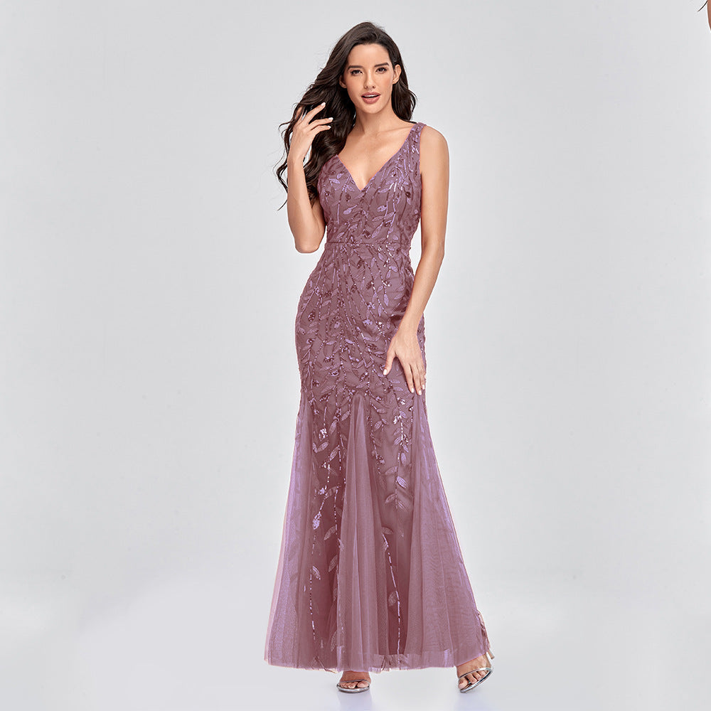 Royal Style Embroidered  Sequin  V-neck Maxi Swing Sleeveless Mermaid   Dress