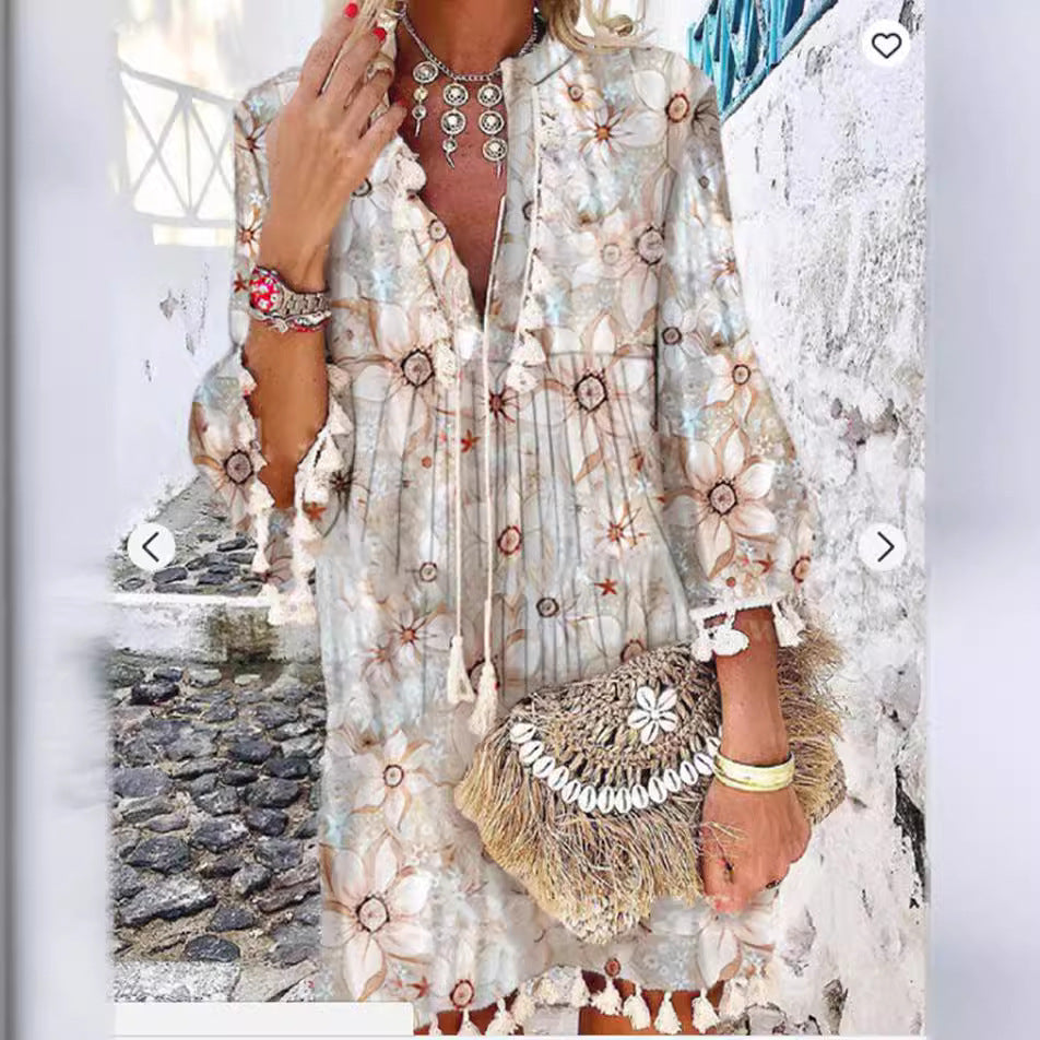 Sweet Hippie Style Tassel Ruffled V-Neck Dress