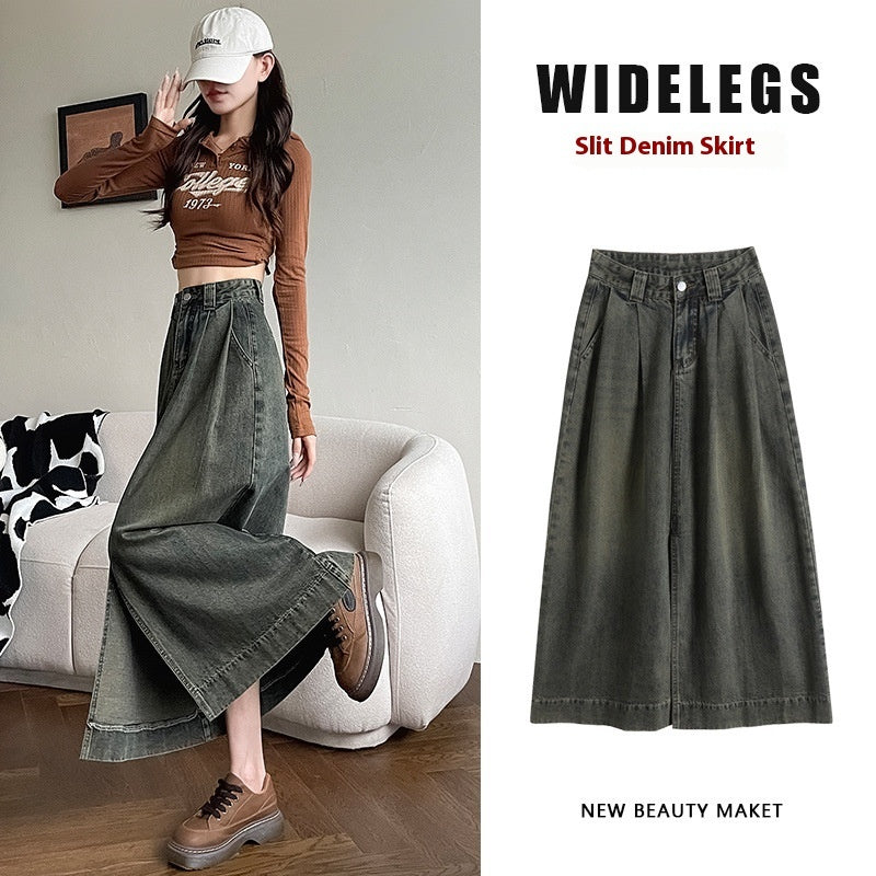 Black Gray Denim High Waist Front Slit Skirt