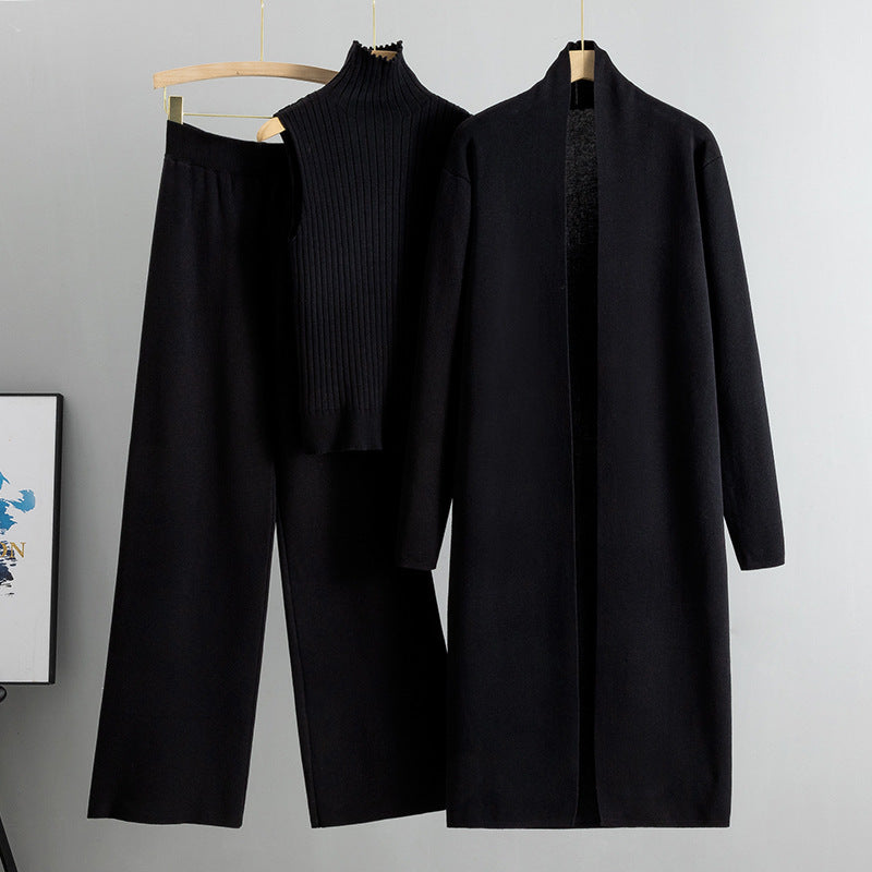 Three-piece Set Knitting  Suits  with Vest Sweater, Long Cardigan & Wide-leg Pants Three-piece Set