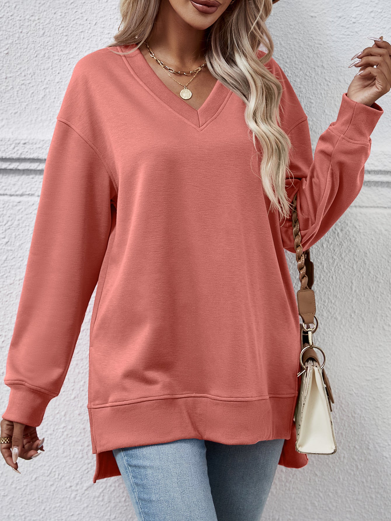 Causal Style V-neck Split Front Short Back Long Sweater