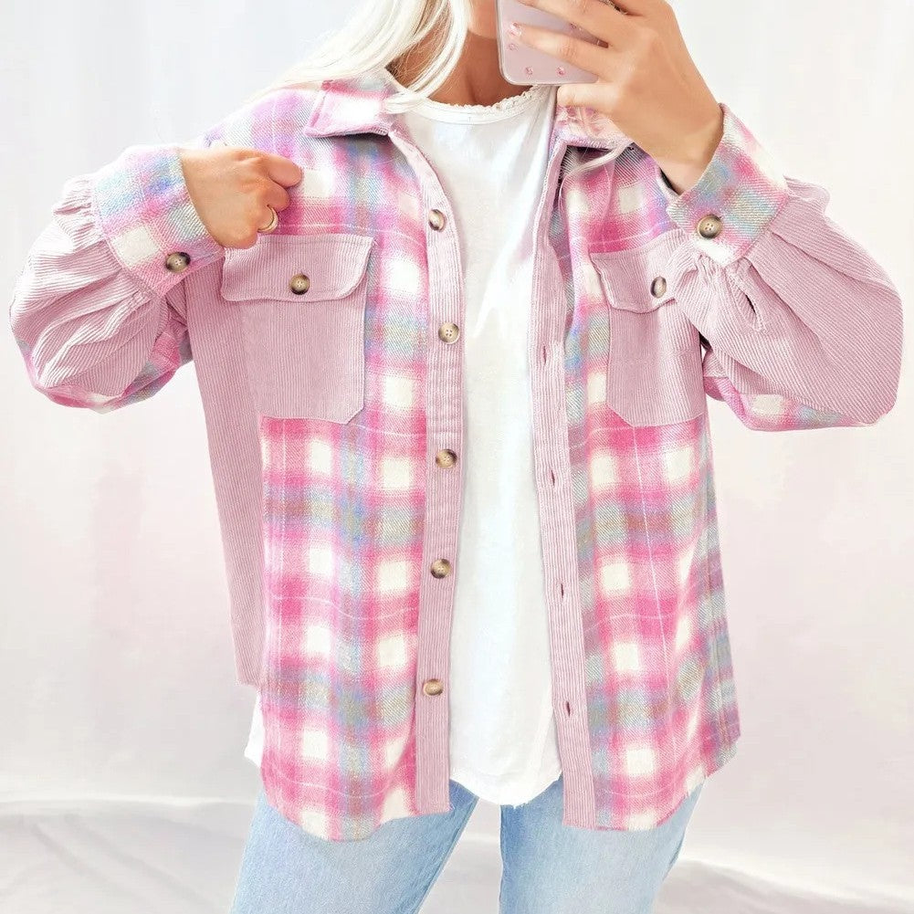 Pink Sky  Brushed Plaid Corduroy Patchwork Shacket with Flap Pockets