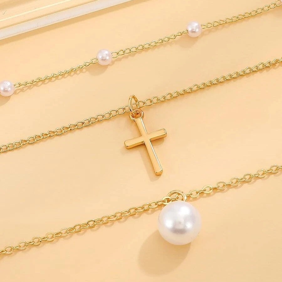 Fashion Multi-layer Pearl Necklace Cross