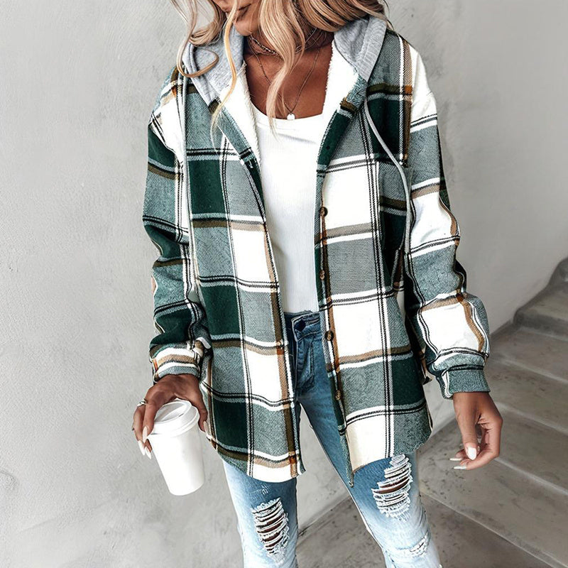 Casual Fall Shirts Shacket Plaid Hoodie Long Sleeve Jacket with Long Sleeve With Pocket and Button Drawstrings