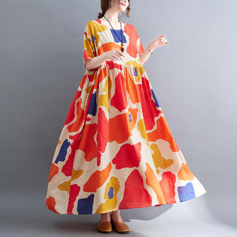 Orange Flower  Linen Dress  One Size