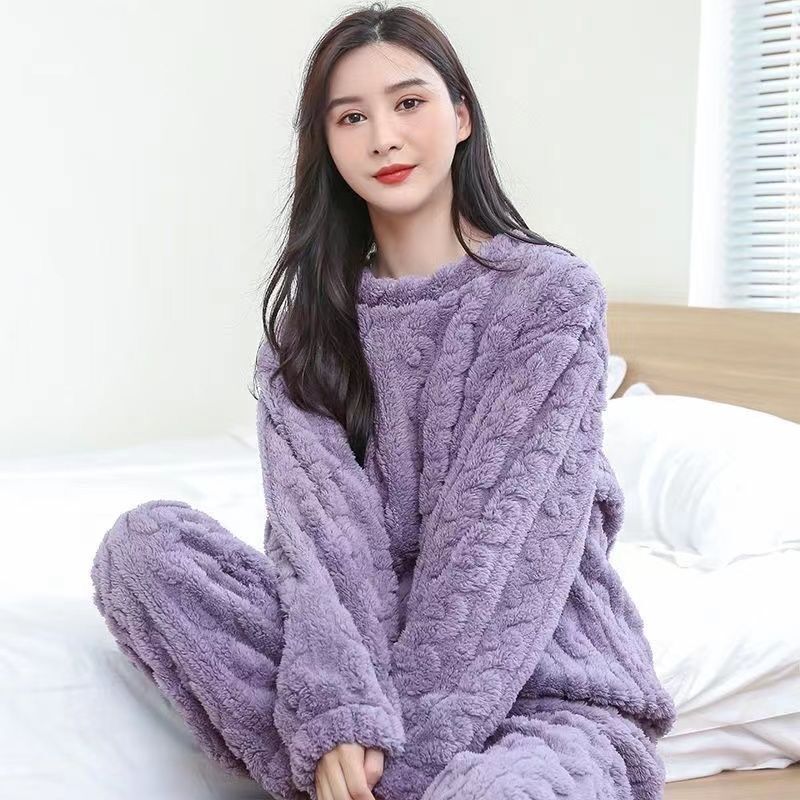 Jacquard Cotton Velvet Warm Suit Pajamas Loungewear - 2 Piece Set