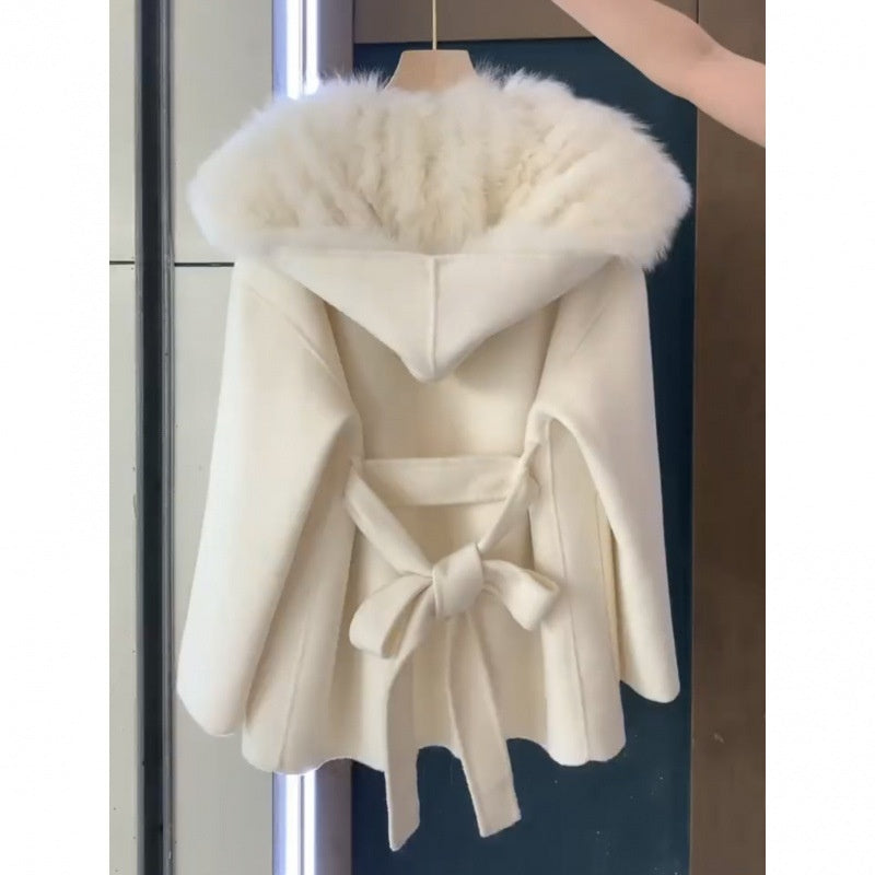 White  Fur Woolen Stitching Coat