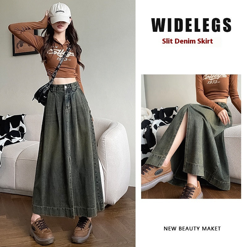 Black Gray Denim High Waist Front Slit Skirt