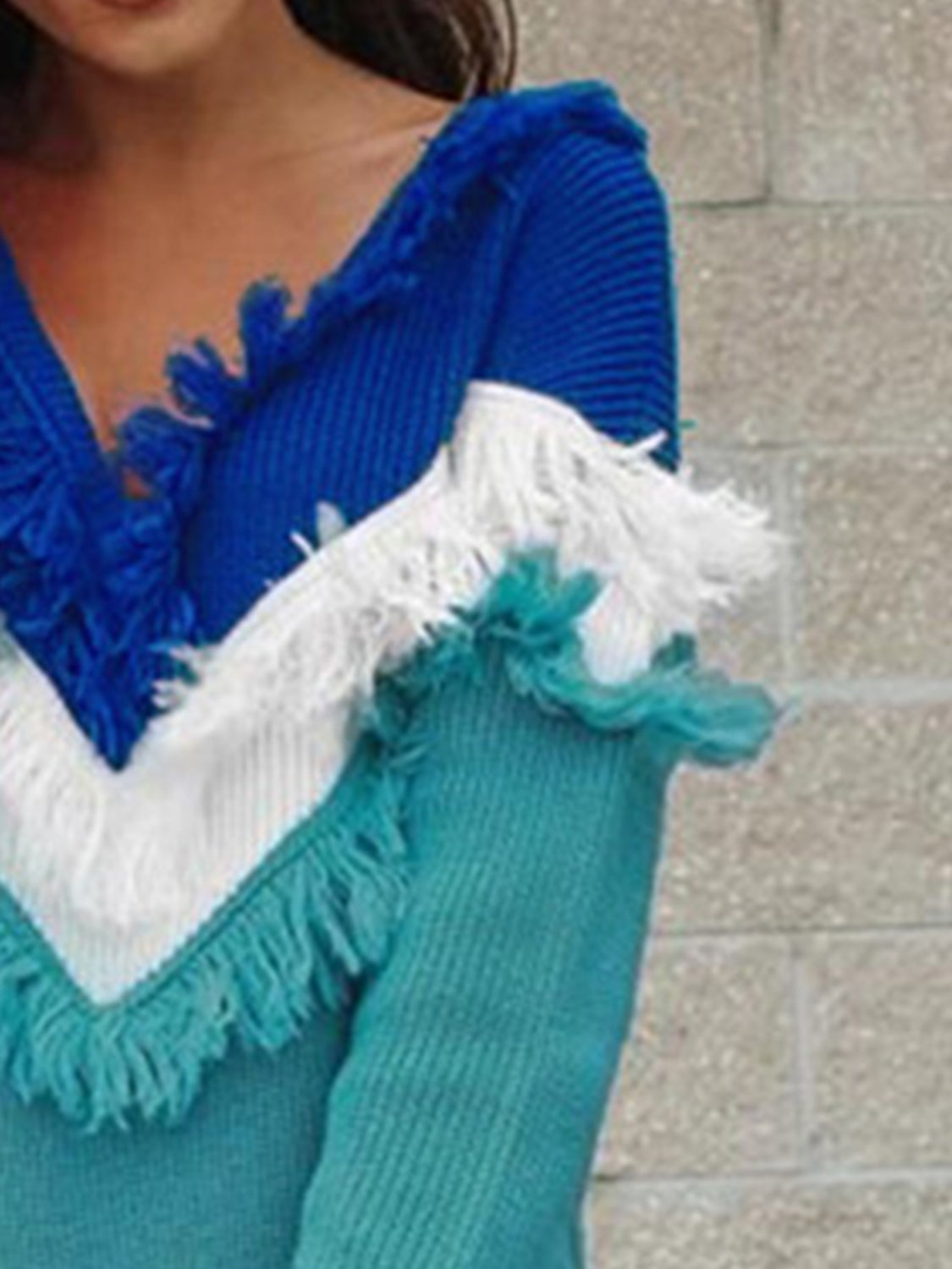 Pretty Please Color Block Fringed Ribbed Knit Sweater