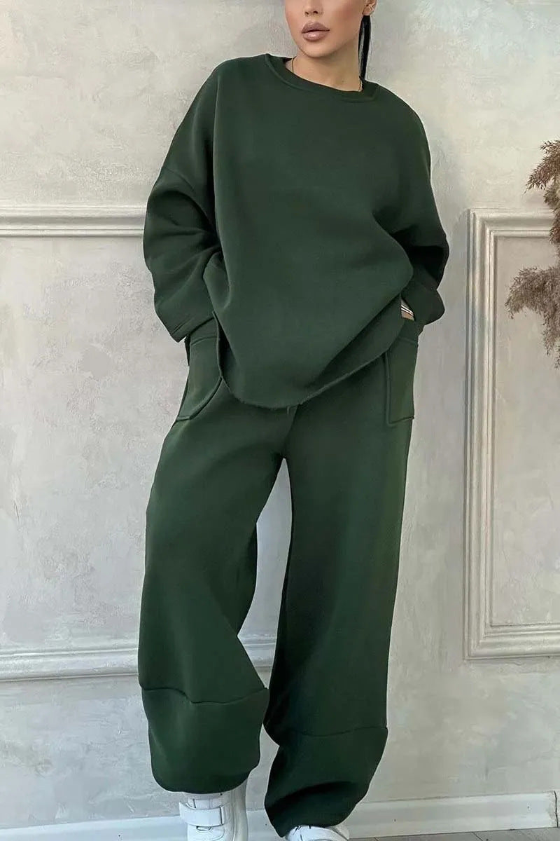 Cozy Loose Round Neck Sweater with Long Saves  and Trousers-2 Pic. Set