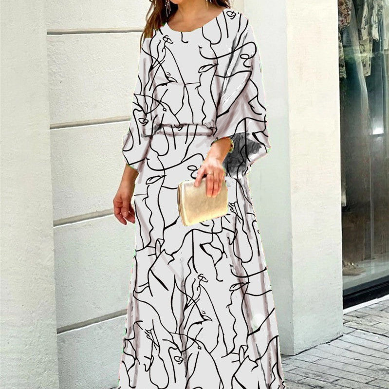 Fashion Loose Printed 2-Pcs  Set with Long Sleeve Top & High Waist Long Skirt