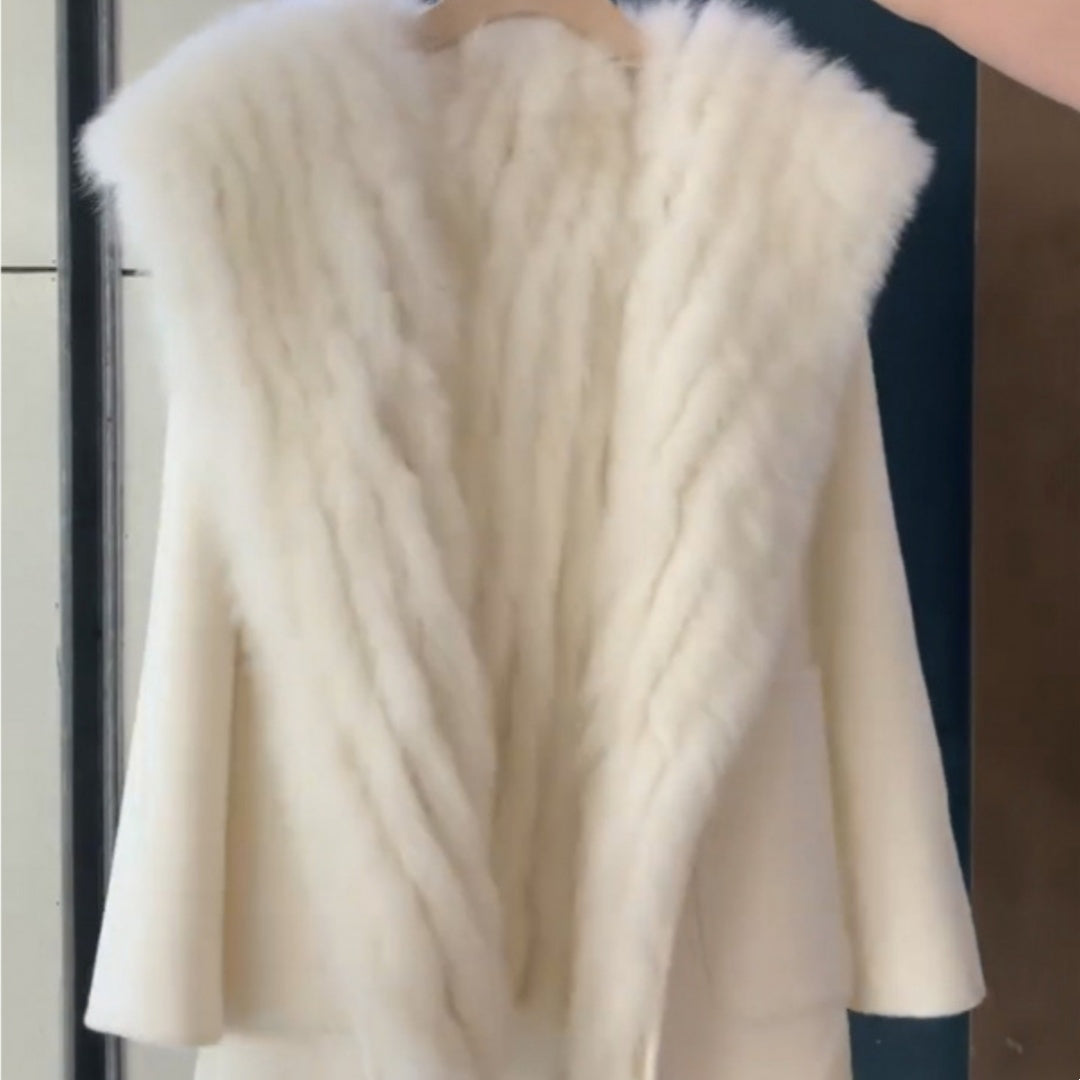 White  Fur Woolen Stitching Coat