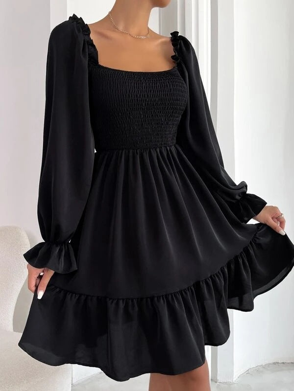Swing Dress with Flared Long Sleeve Dresses & Square Ruffled Neck