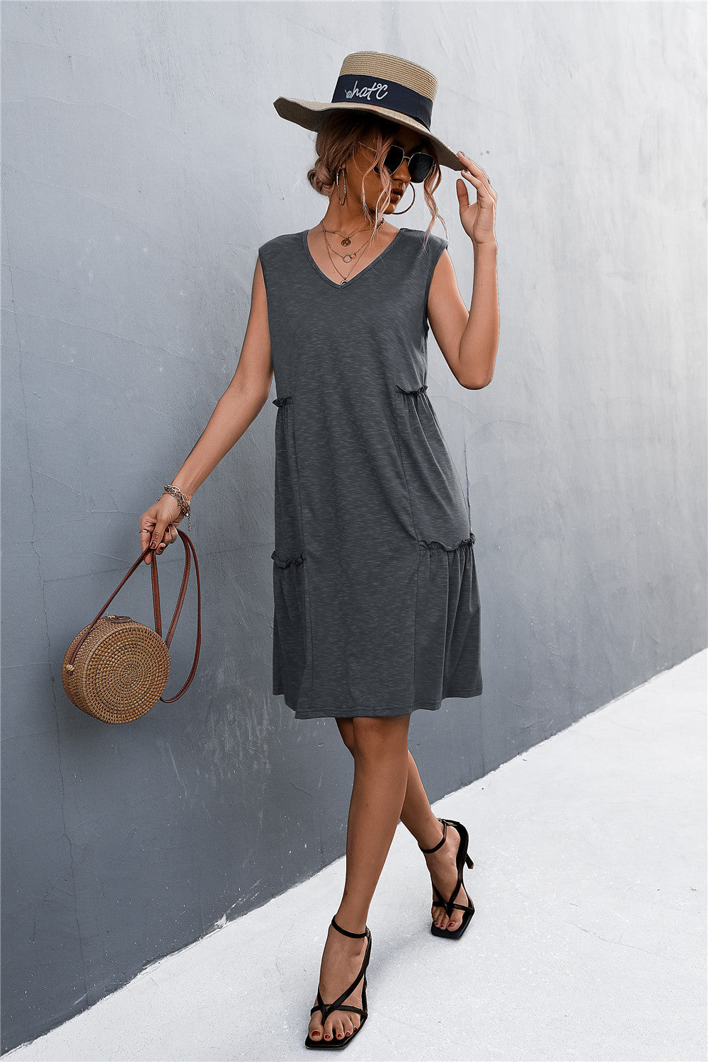 Casual  Chic Style  V-Neck Frill Trim Sleeveless Dress